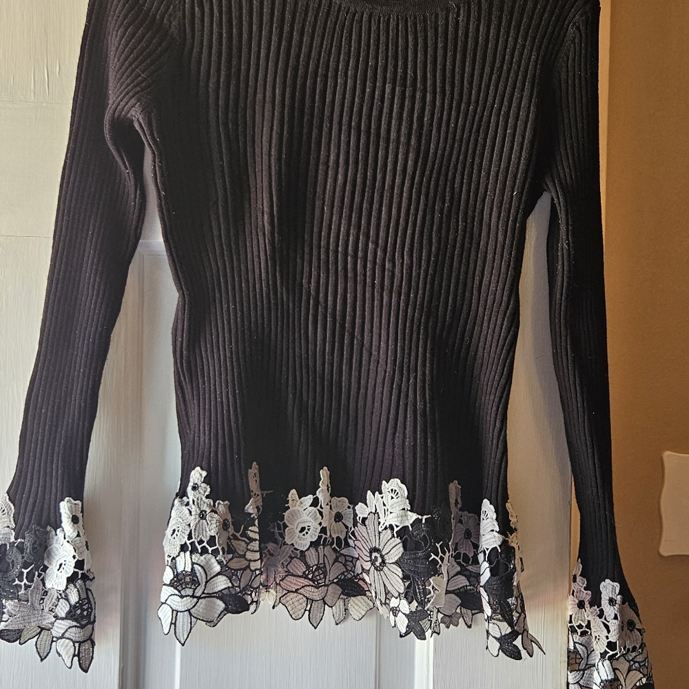 Chic Black Ribbed Sweater with Lace Trim
